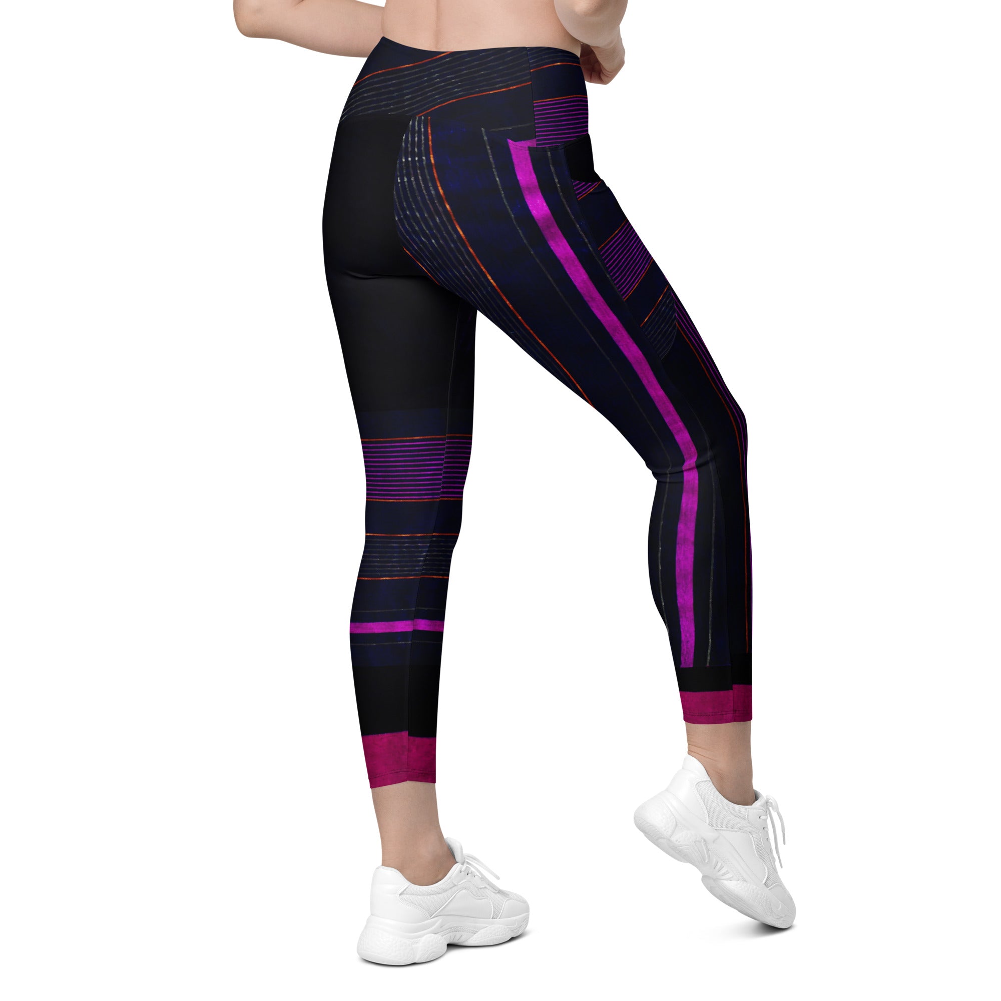 Black Gym Leggings with Pockets. Purple Pin Stripes Dance Leggings. Crossover Waist Yoga Pants. "Peppermint" by WickedYo.